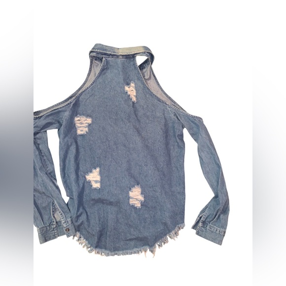 Denim Shoulder out Top with Floral Embellishment - Picture 3 of 8